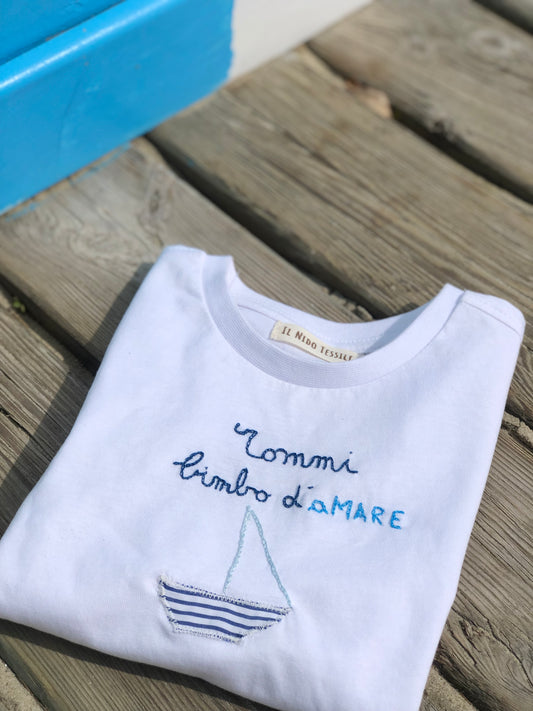 T-Shirt in cotone bio con scritta e personalizzazione Blu